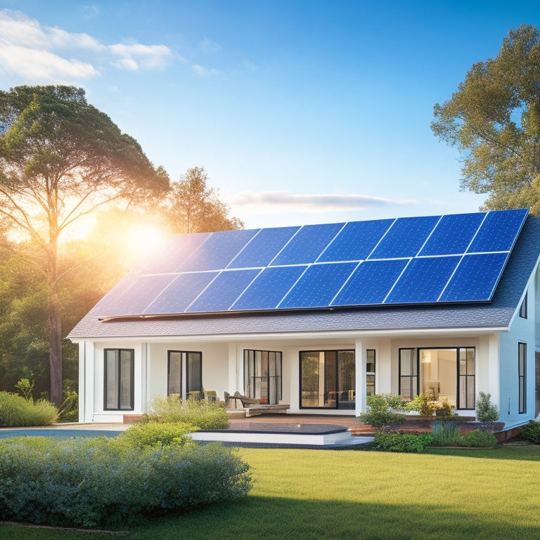 A serene suburban home with a sleek, modern solar panel array on the rooftop, surrounded by lush greenery and a bright blue sky with a few wispy clouds.