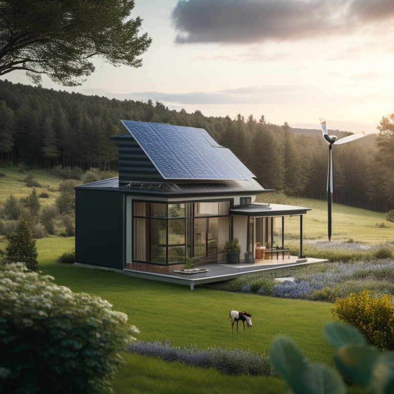 A serene, modern off-grid home surrounded by lush greenery, with a solar panel array on the roof, a wind turbine in the distance, and a small battery bank visible through a window.