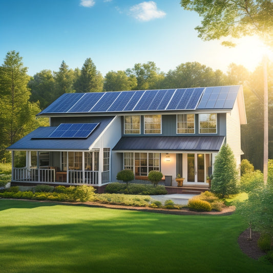 A serene suburban home with a lush green lawn, surrounded by tall trees, featuring a sleek solar panel array on the roof, with a few panels slightly angled to capture sunlight.