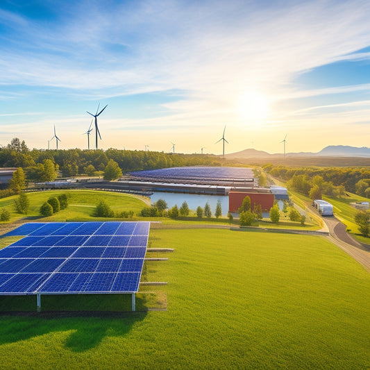A vibrant microgrid landscape showcasing solar panels, wind turbines, and energy storage systems, interconnected with lush greenery, resilient buildings, and a diverse community engaging in sustainable practices under a bright blue sky.