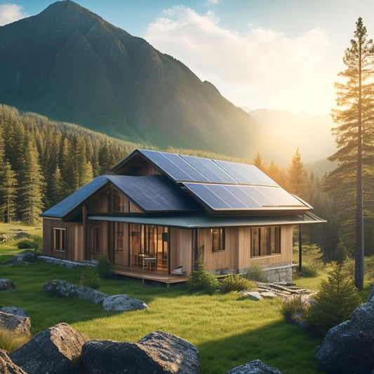 A serene, isolated mountain cabin surrounded by lush greenery, with a sleek, modern off-grid solar power system installed on the roof, featuring several photovoltaic panels angled towards the sun.