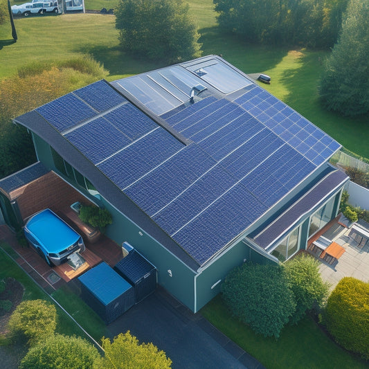 Aerial view of a residential roof with asphalt shingles, featuring a sleek, black solar panel array mounted using a sleek, silver racking system with secure, adjustable clamps.