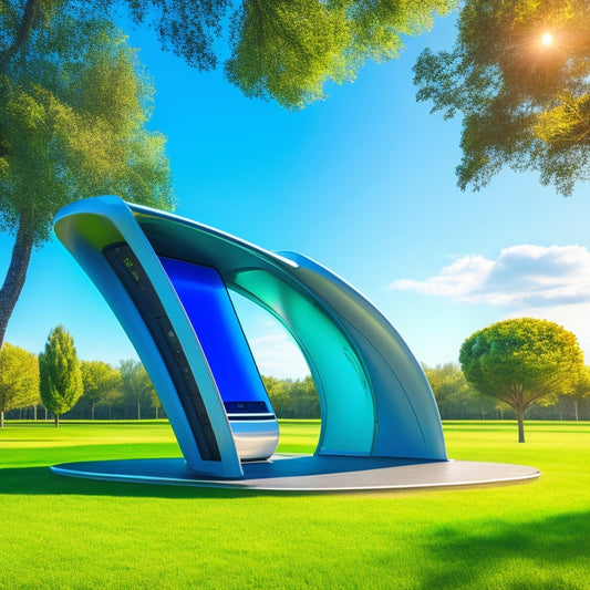 A futuristic, sleek, and modern solar-powered charging station with curved panels, surrounded by lush greenery, featuring multiple charging ports and a digital display screen, set against a clear blue sky.