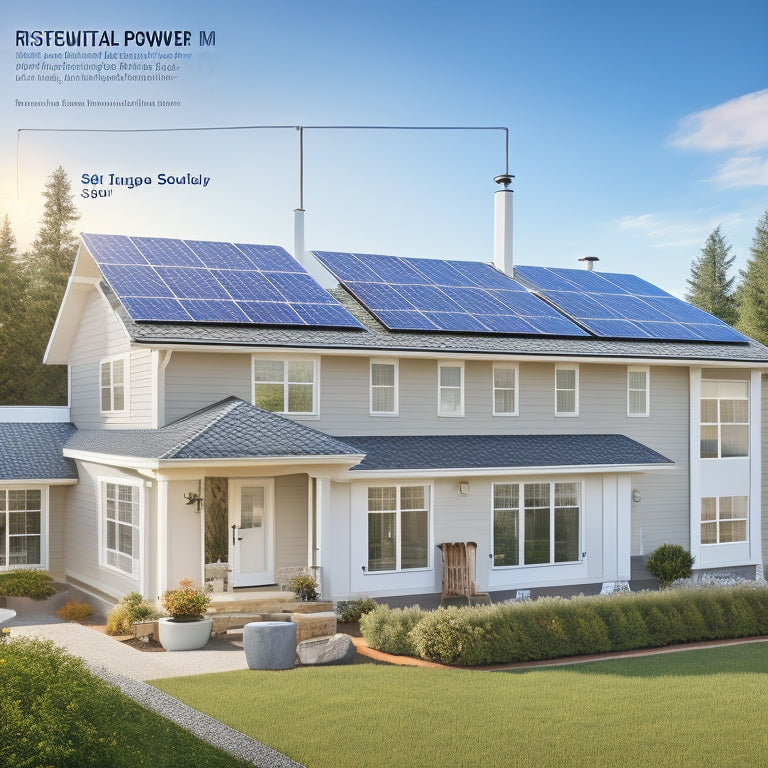 A detailed illustration of a residential solar power system, showcasing solar panels on a roof, an inverter, battery storage, and wiring, all set in a sunny suburban neighborhood with lush greenery.
