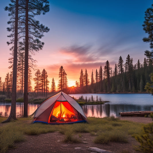 A serene campsite at sunset, featuring portable solar panels set up beside a cozy tent, surrounded by tall pine trees, a crackling campfire, and a peaceful lake reflecting the colorful sky.