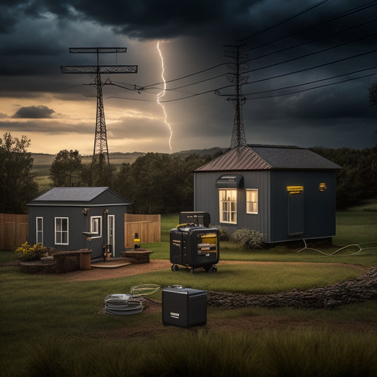 A modern emergency power supply system, featuring a robust generator, solar panels, battery banks, and intricate wiring, set against a backdrop of a home in a stormy landscape with lightning illuminating the scene.