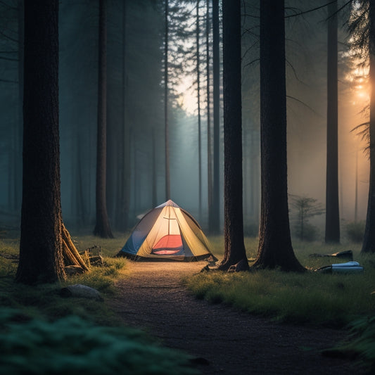A serene forest campsite at dusk: a lantern-lit tent, a portable power station, and a few camping essentials, surrounded by tall trees, with a subtle mist rising from the forest floor.