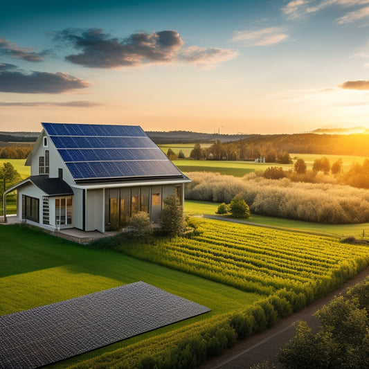 A vibrant, sunlit landscape featuring a modern grid tie solar panel system seamlessly integrated into a home, surrounded by lush green fields, contrasting with an old, smoky fossil-fuel power plant in the background.