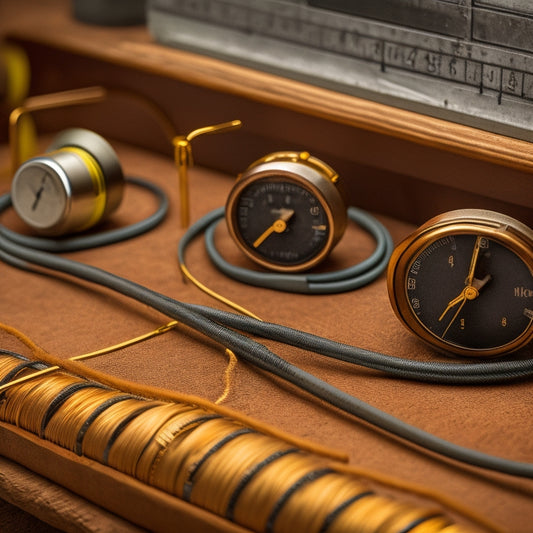 A close-up of various wire gauges displayed side by side, showcasing their differences in thickness and color, with a ruler measuring each wire, set against a textured wooden background for contrast.