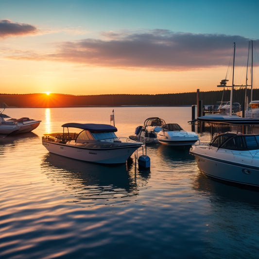 A scenic lakeside dock at sunset, with various boats and watercraft in the background, featuring prominently displayed portable energy solutions and equipment from top brands, such as Goal Zero and Yeti.