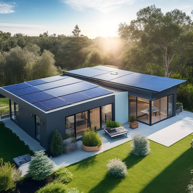 A serene, modern home rooftop with sleek, black solar panels installed, connected to a sleek, silver battery system with a subtle glow, surrounded by lush greenery and a bright blue sky.