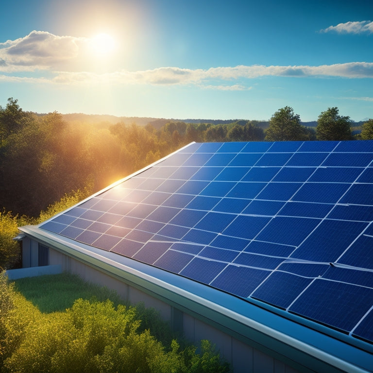 An illustration of a modern, sleek, silver-framed solar panel array on a rooftop, with sunlight casting a warm glow, surrounded by greenery and a subtle, gradient blue sky.