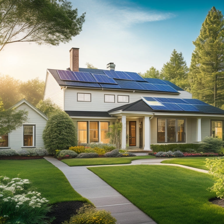 A serene suburban home with solar panels on the roof, a wind turbine in the backyard, and a garden filled with lush greenery and a few energy-efficient appliances visible through the windows.