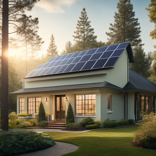 A serene suburban home with solar panels on the roof, surrounded by lush greenery, with a sleek, modern battery storage unit visible through a large window.