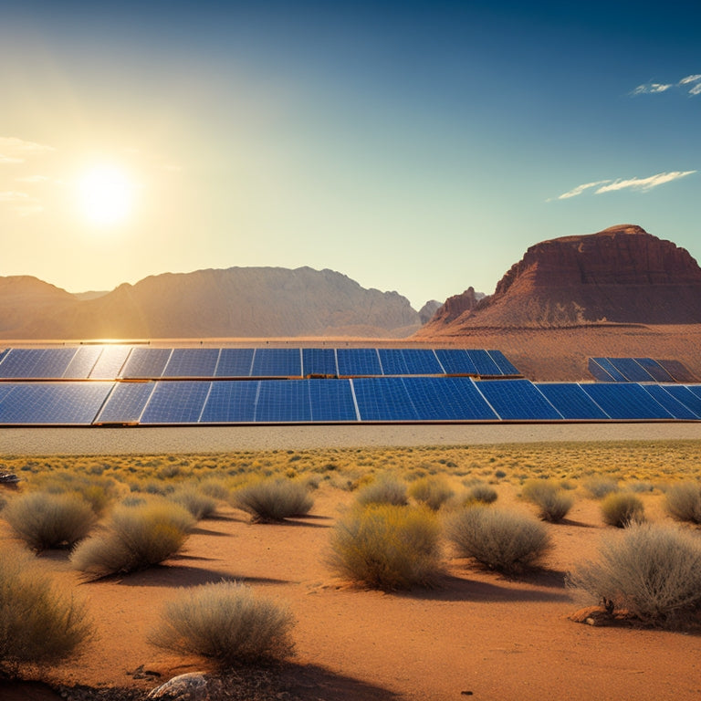 A serene, isolated landscape featuring a row of solar panels standing upright on a rust-colored, rocky outcropping, surrounded by vast expanses of arid desert terrain and distant, snow-capped mountains.