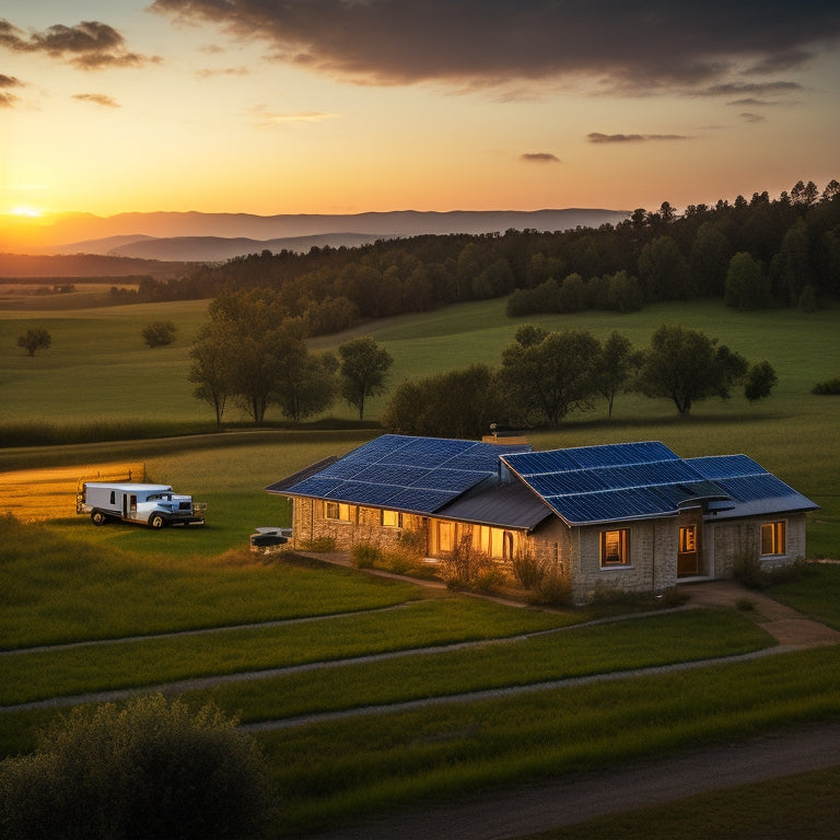 A serene rural landscape at dusk with a few scattered homes, featuring a prominent solar panel array and a battery bank in the foreground, surrounded by rolling hills and a few trees.