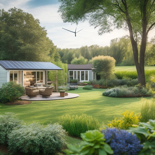A serene backyard with a small, modern, silver wind turbine spinning lazily, surrounded by lush greenery and a few solar panels angled on the roof of a cozy, eco-friendly home.