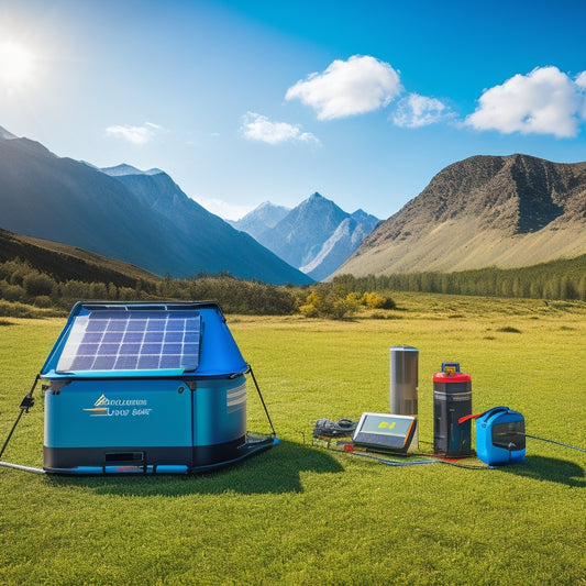 A vibrant outdoor scene showcasing a portable solar system set up at a campsite, featuring solar panels, a compact battery unit, and camping gear under a clear blue sky with a picturesque mountain backdrop.