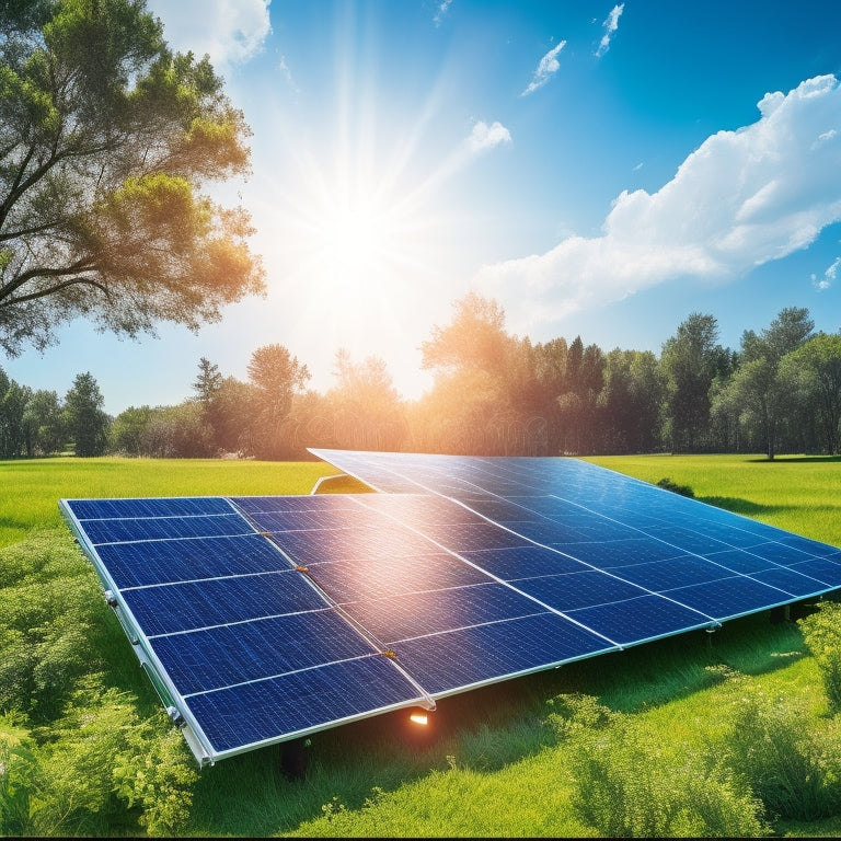 An illustration of a well-maintained solar panel system with a clean and shiny solar battery at its center, surrounded by lush greenery and a bright blue sky with a few white, puffy clouds.