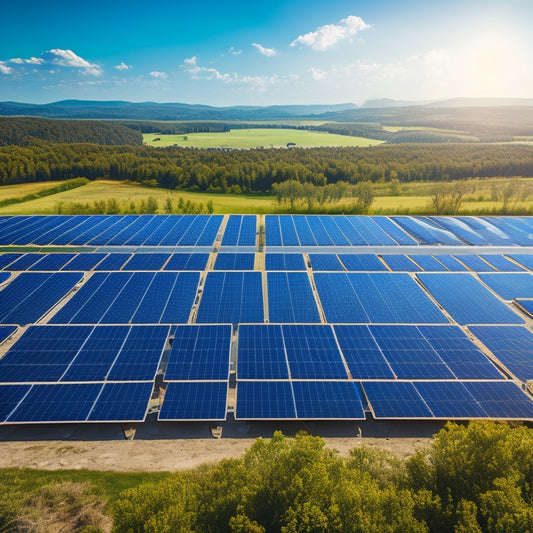 A vast field of large solar panels glistening under the bright sun, showcasing their sleek design and intricate cell structure, surrounded by vibrant greenery, with a clear blue sky in the background.