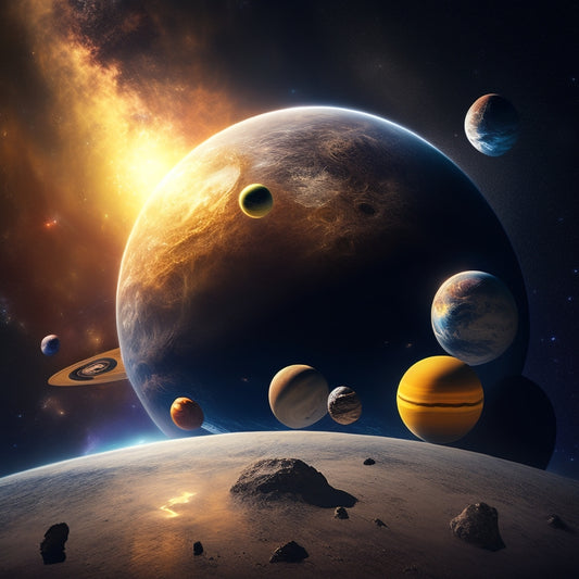 A stylized illustration of a miniature solar system, with eight planets orbiting a bright yellow sun, surrounded by asteroids, comets, and spaceships, set against a starry night sky with vibrant nebulae.