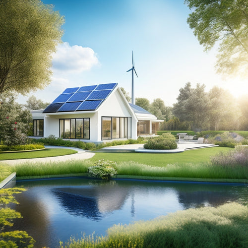 A serene, modern home with solar panels on the roof, a wind turbine in the backyard, and a lush garden surrounding a small, sparkling pond, set against a bright blue sky with fluffy white clouds.