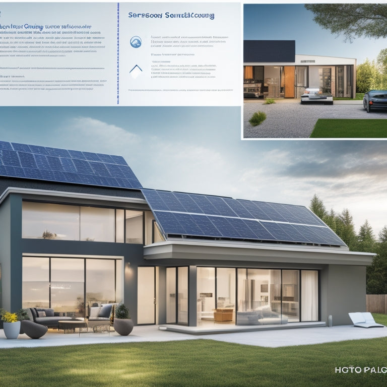 A modern home with solar panels on the roof, a sleek battery storage unit in the garage, and a background of rising charts and graphs depicting decreasing energy costs.