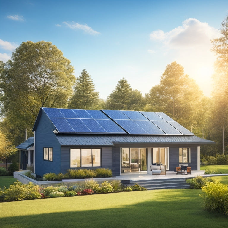A serene suburban home with a modern, sleek roof featuring a grid of dark blue solar panels, surrounded by lush green trees and a bright blue sky with a few wispy clouds.