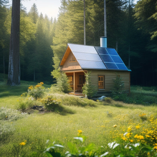 A serene off-grid cabin nestled in a lush forest, solar panels on the roof, surrounded by vibrant wildflowers, with a small garden, a wind turbine in the background, and a clear blue sky overhead.