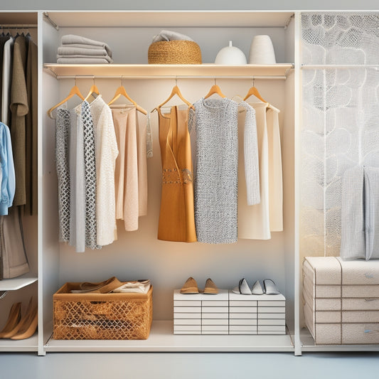 A bright, modern closet with sleek, white solar-powered wire shelving cubes of varying sizes, arranged in a staggered, geometric pattern, surrounded by gleaming metal rods and minimalist clothing on hangers.