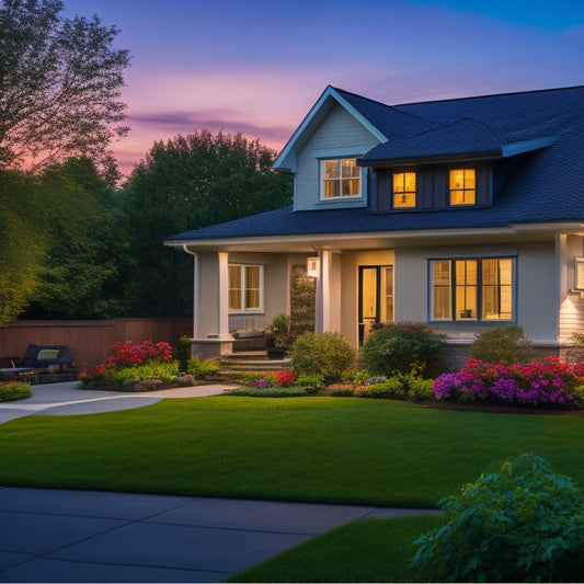 A serene suburban home at dusk, with a sleek, compact home battery system installed on the exterior wall, surrounded by blooming flowers and lush greenery, amidst a subtle cityscape backdrop.