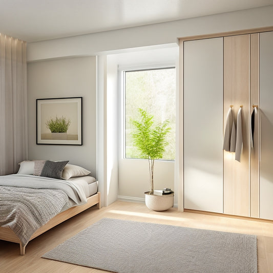 A serene, modern bedroom with a sleek, floor-to-ceiling, solar-powered, free-standing closet system, surrounded by minimal decor, with plenty of natural light and a subtle, calming color palette.