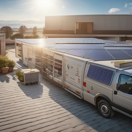 A sunny day with a rooftop covered in dusty solar panels, with a few sparkling clean ones in the corner, and a service van with cleaning equipment parked in the driveway.
