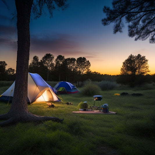 A serene camping scene at dusk with a portable solar panel propped against a tree, charging a power pack, surrounded by camping gear and a faintly lit tent in the background.