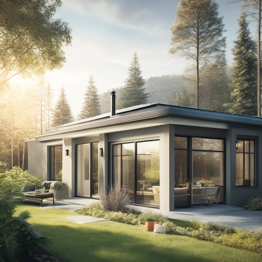 A warm, modern home with large south-facing windows, solar panels on the roof, and a sleek, wall-mounted heat pump unit indoors, surrounded by lush greenery and a sunny winter landscape.