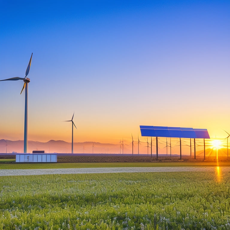 A sleek, modern high-efficiency inverter displayed against a vibrant solar farm at sunset, with wind turbines in the background, showcasing green energy technology and interconnected systems, all under a bright blue sky.