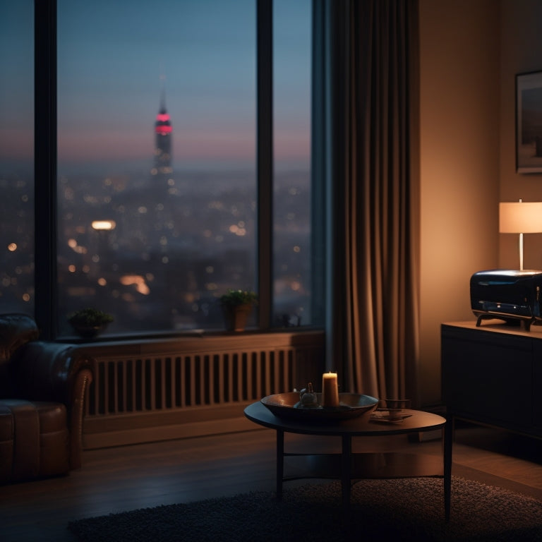 A dimly lit living room with a single, warm lamp lit, powered by a sleek inverter battery in the corner, surrounded by dark appliances, with a cityscape blackout outside the window.