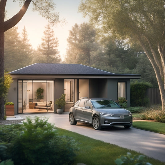 A serene suburban home with a sleek electric vehicle parked in the driveway, solar panels on the roof, and a compact energy storage unit visible through a window, surrounded by lush greenery.