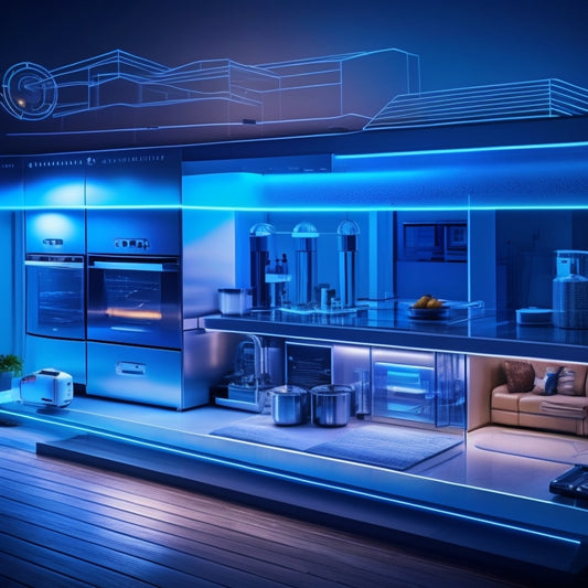 An illustration of a modern home with glowing blue lines tracing the path of energy flow, highlighting various appliances and systems, amidst a subtle background of rising temperature graphs and clockwork gears.