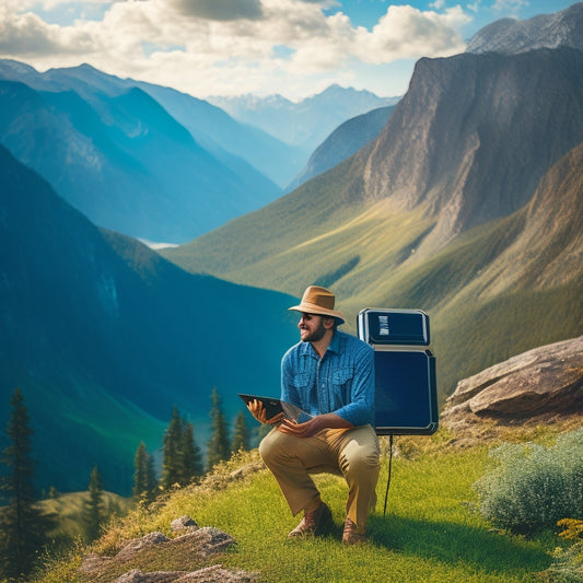 A serene outdoor scene with a person standing in front of a mountainside, surrounded by lush greenery, holding a portable power panel with solar panels and a battery pack.