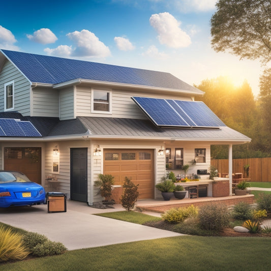 A photorealistic illustration of a suburban home with a rooftop solar panel array, a backyard wind turbine, and a battery bank in the garage, surrounded by tools and wiring.