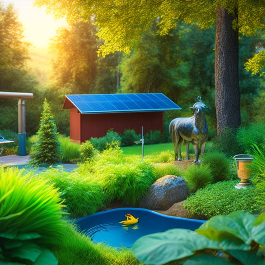 A serene backyard scene with a solar panel array installed on a slope, connected to a water pump and tank, surrounded by lush greenery and a few birds perched on nearby branches.