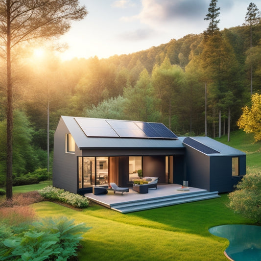 A serene, modern home with a sloping roof, covered in sleek solar panels, with a sleek, compact battery storage unit nestled beside the house, surrounded by lush greenery.