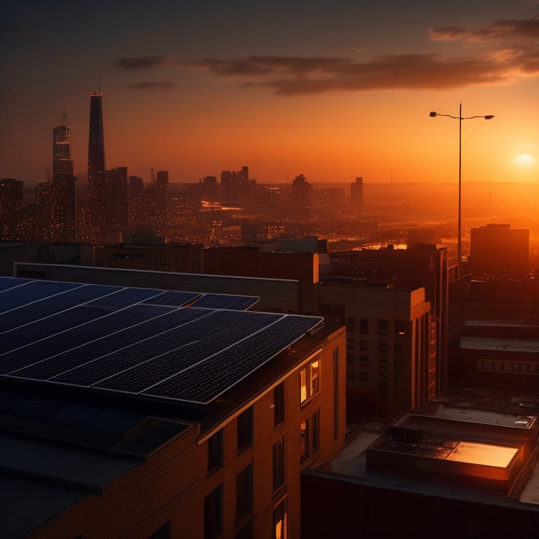 A dramatic, high-contrast image featuring a darkened cityscape at dusk, with a single, gleaming solar panel installation on a rooftop, radiating a warm, golden light amidst the darkness.