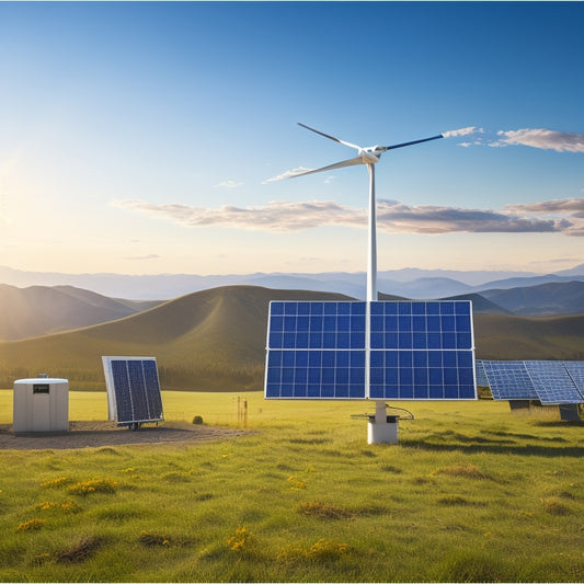 An illustration of a solar panel array, wind turbine, and battery bank connected to a central inverter unit, set against a serene natural landscape with rolling hills and a sunny sky.