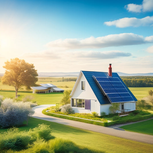 A serene rural landscape with a modern, eco-friendly home featuring a rooftop solar panel array, surrounded by lush greenery, a windmill in the distance, and a bright blue sky with a few puffy white clouds.