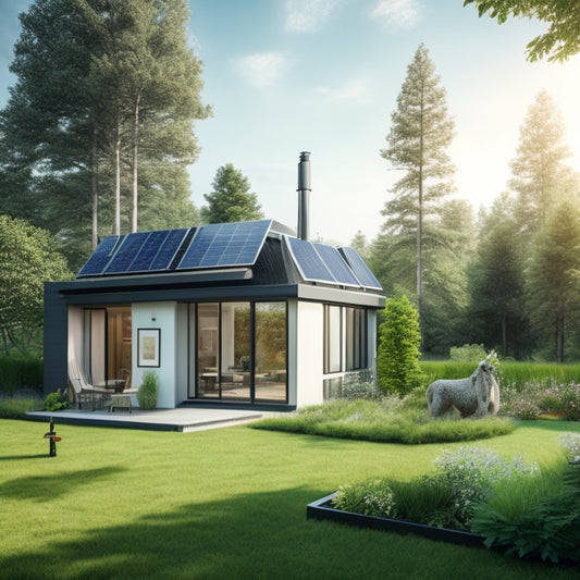 A serene, modern home surrounded by lush greenery, with solar panels on the roof, a compact wind turbine in the yard, and a small, sleek battery storage unit near the house.