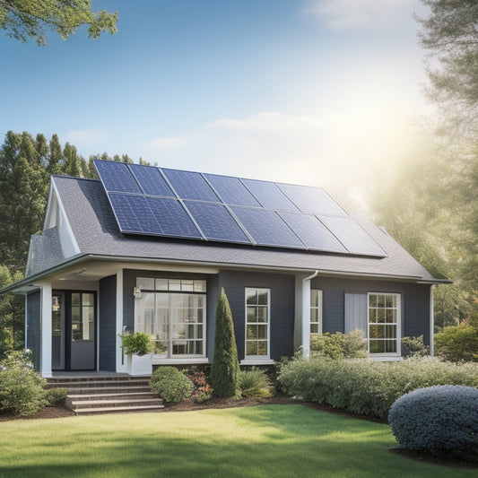 A serene suburban home with a sleek, black solar panel array installed on its roof, surrounded by lush greenery and a clear blue sky with a few puffy white clouds.