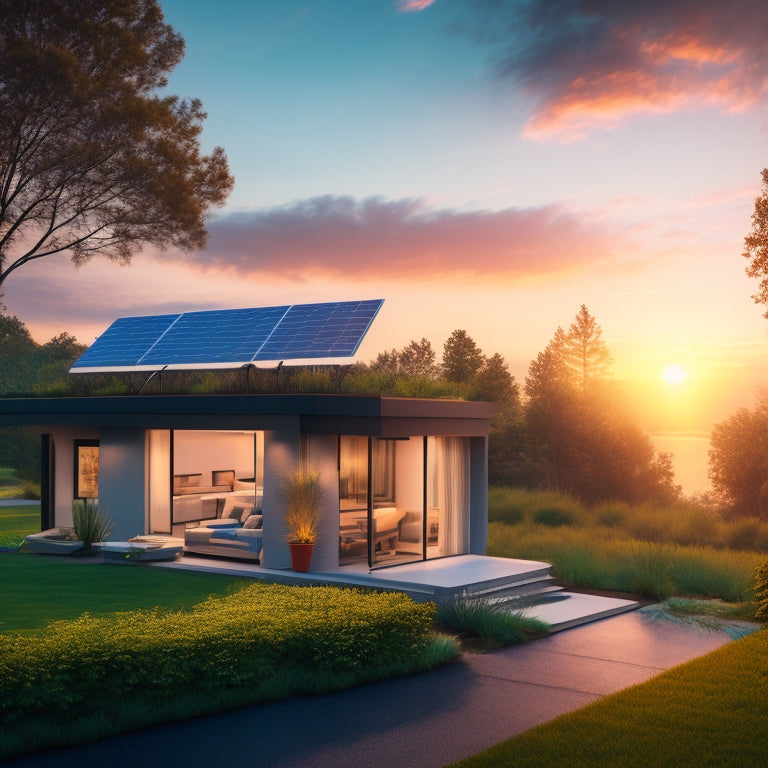 A modern, sleek home with solar panels on the roof, surrounded by lush greenery, showcasing a futuristic energy storage system glowing softly, with electric vehicles charging nearby, under a bright blue sky and vibrant sunset.