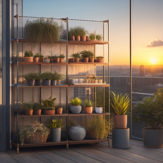 A modern, sleek shelving unit with 5 tiers, each tier featuring a compact solar panel on the side, surrounded by potted plants, with a subtle cityscape background during sunset.